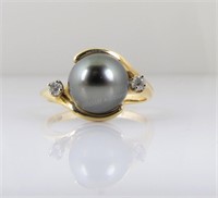 14K YG 9mm Black Cultured Pearl, Diamond Ring