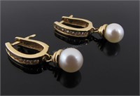 14K Diamond, Pearl Drop Huggie Earrings