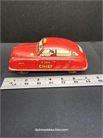 Fire Chief Wind Up Tin Toy- 1 Replaced Wheel-Works
