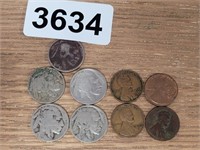 (5) BUFFALO HEAD NICKELS AND (4) 1950s CENTS