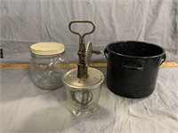 Enamel-Type Pot, Vtg Mixer, and Glass Jar