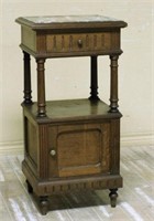 Henri II Style Marble Top Oak Side Cabinet.