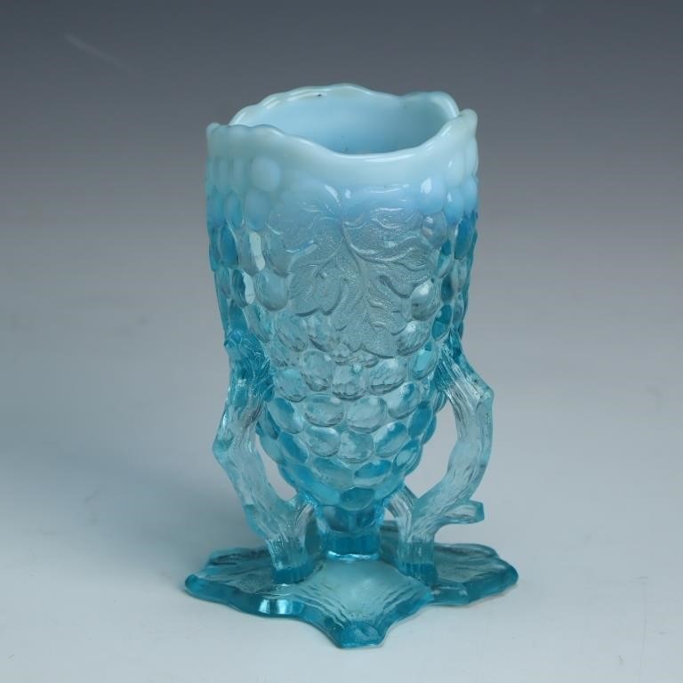 Vintage Opalescent hobnail blue grape motif vase