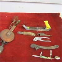 Vintage tool lot. Brace drill, rasp, wrenches and