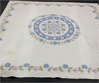 Vtg Handstitched & Embroidered Coverlet 106x104