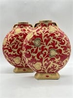 Chinese Pair of Flat Moon Vase/Jar Enamel Tapestry