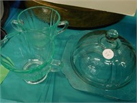GREEN DEPRESSION GLASS - COVERED BUTTER DISH,