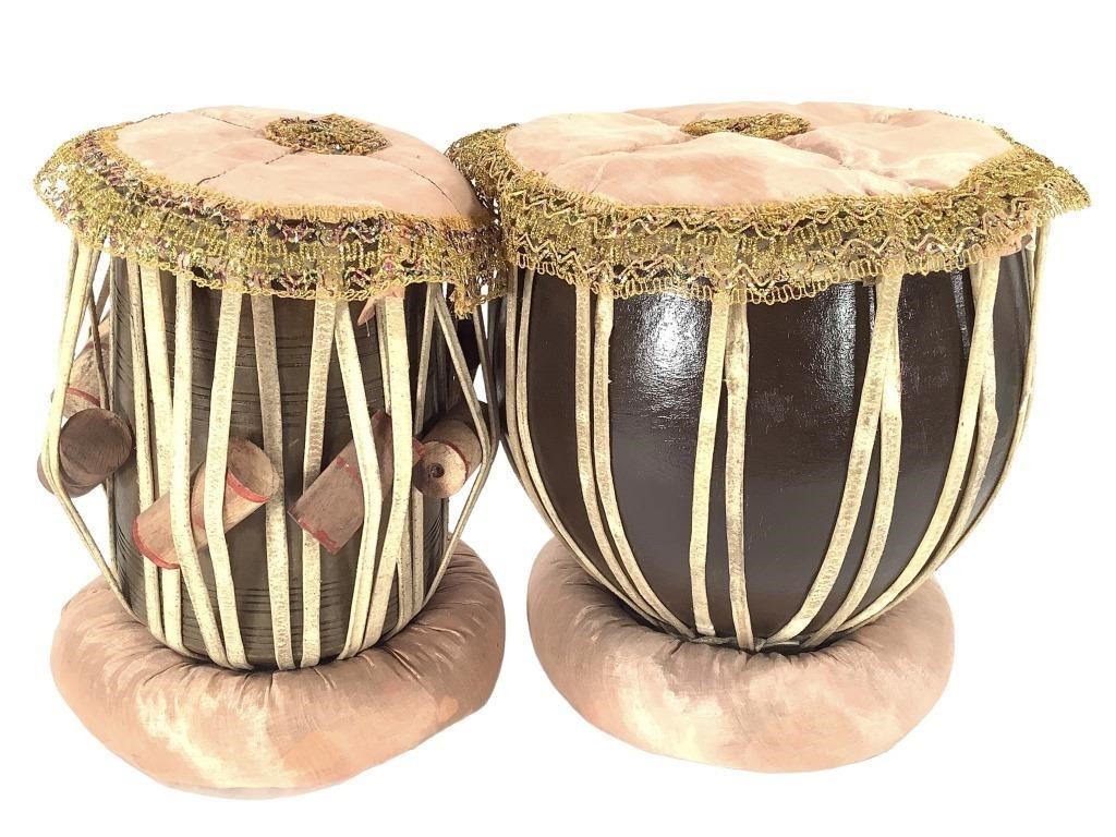 2 Tablas Drums, Gourd, Wood w Embroidered Covers