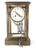 French Brass Glass Cased Clock w Mercury Pendulum
