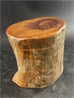 Lidded box carved from single piece of wood, 7" ta