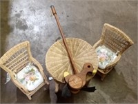 (F) Wicker Doll chairs and table with wooden