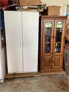 white cabinet, brown cabinet