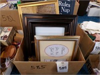 Box of frames and pictures, wooden signs