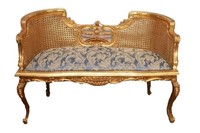 Louis XV-Manner Cane-Back Upholstered Bench