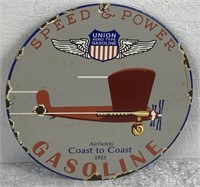 Round Enamel "SPEED & POWER GASOLINE' Sign