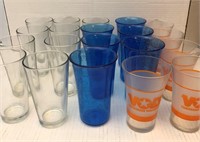 clear glass tumblers (9) blue tumblers (6) & 5 UT