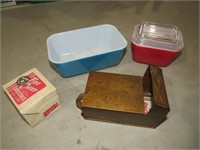COLLECTION OF PYREX DISHES & METAL MATCH HOLDER