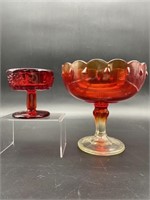 (2) Ruby Red Glass: Compote & Sherbet