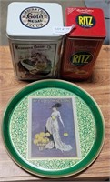 2 ADVERTISING TINS, AND AN ADVERTISING TRAY