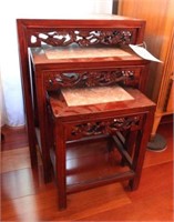 Set of (3) nesting Rosewood carved marbletop