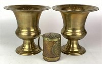 Pair of Brass Urns & Mug, Lot of 3