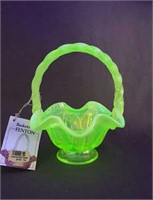 Fenton Green Irradescent Vaseline Glass Basket