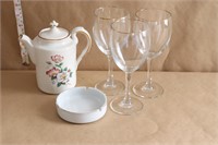 Porcelain Tea Pot, Ashtray and Wine Glasses