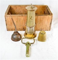 PRIMITIVE OLD WOOD BOX, BRASS CUP, LAMP & OIL CAN