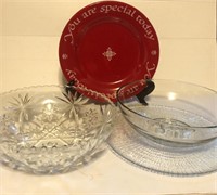 Glass Cake Plate, Glass Serving Bowls, Red Plate,