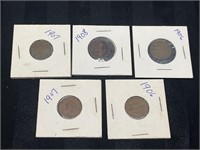 BUNDLE of 5 Indian Head Pennies 1906-1908