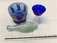 Webb’s soda bottle, blue glass cup and bowl