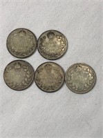 5 - 1920's Canadian Silver 10 Cent Coins