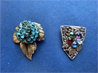2 vintage clip pins with gem stones