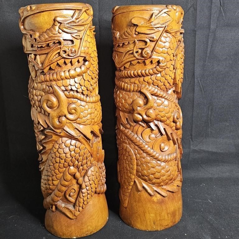 Pair of Wooden Hand Carved Chinese pillars Dragon