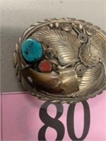 STERLING BELT BUCKLE W/ RED AND TURQUOIS STONES