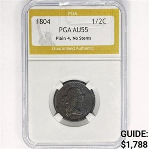 1804 Draped Bust Half Cent PGA AU55 Plain 4, No