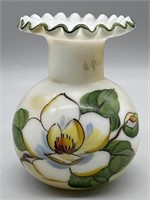 Antique Fenton White Floral Vase w/ Ruffled Edge