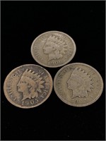 Three Antique 1C Indian Head Penny Coins - 1905,