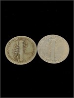 Pair of Vintage 10C Mercury Silver Dime Coins -