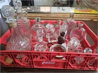 GLASS DECANTER/BOTTLE LOT WITH COCA COLA CRATE