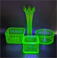 (L) Uranium glass vase and dishes 3-10in h