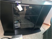 BLACK TV STAND WITH GLASS DOORS FOR STORAGE