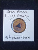 RARE ANTIQUE GREAT FALLS SILVER DOLLAR 5CENT TOKEN