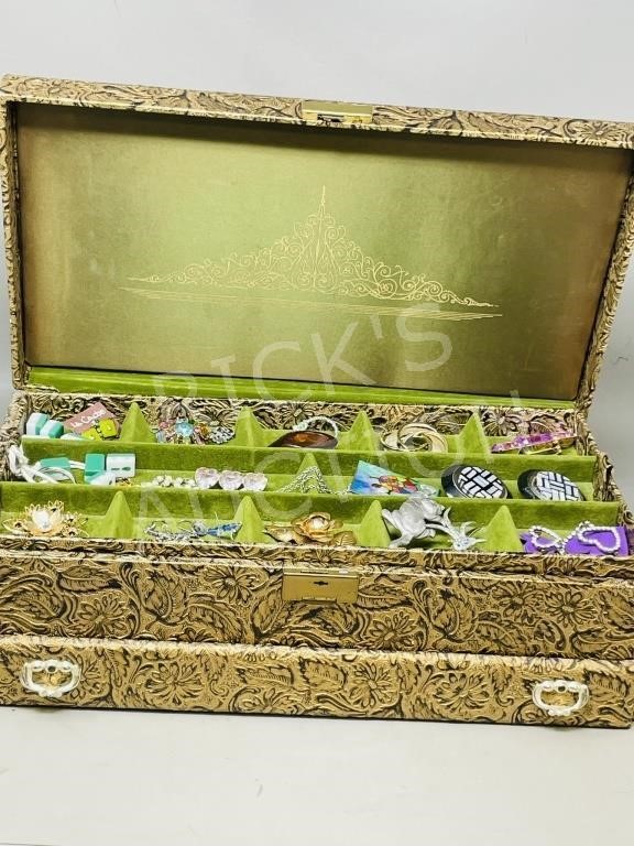 gold tone jewelry box w/ contents