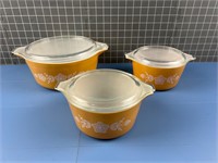 3X PYREX GLASS YELLOW FLOWER BOWLS W/ LIDS