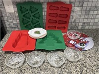 Christmas cake molds, glass bowls, cake platter