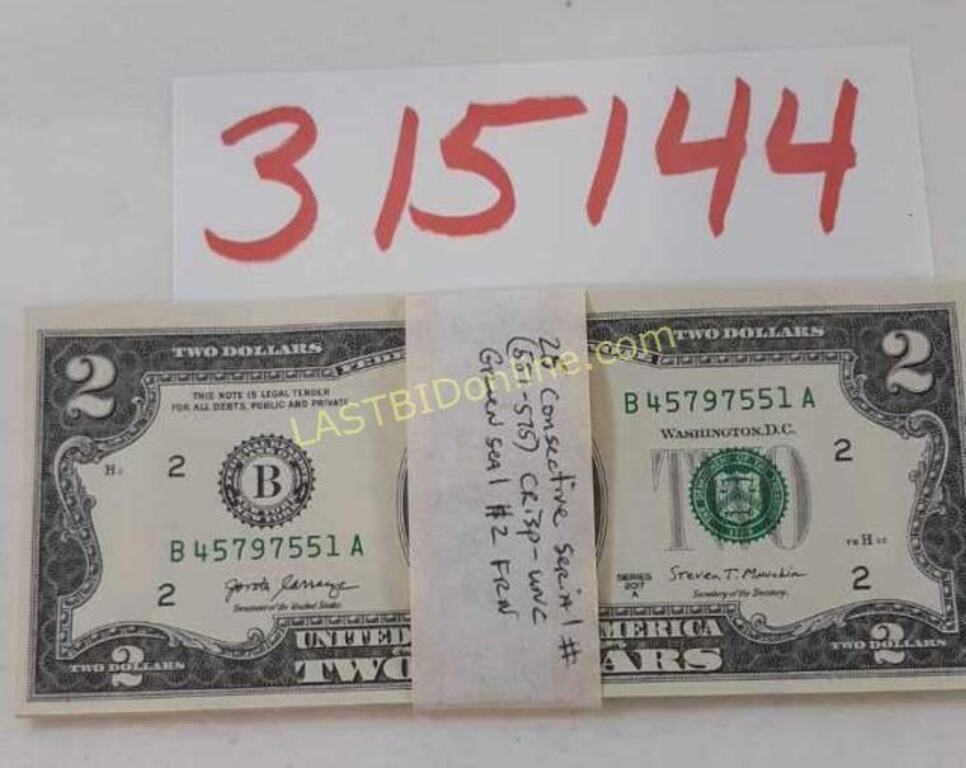 25 Consecutive Numbered $2 UNC Green Seal Notes