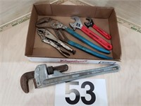pipe wrench, pliers, crescent wrenches