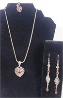 Silver Tone Necklace & Earrings Red Stones