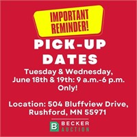 Pick-Up, Tuesday & Wednesday, June 18th & 19th: 9